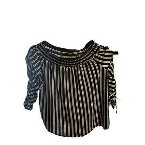 Polly & Esther Juniors Striped Off the Shoulder 3/4 Ruched-sleeve top